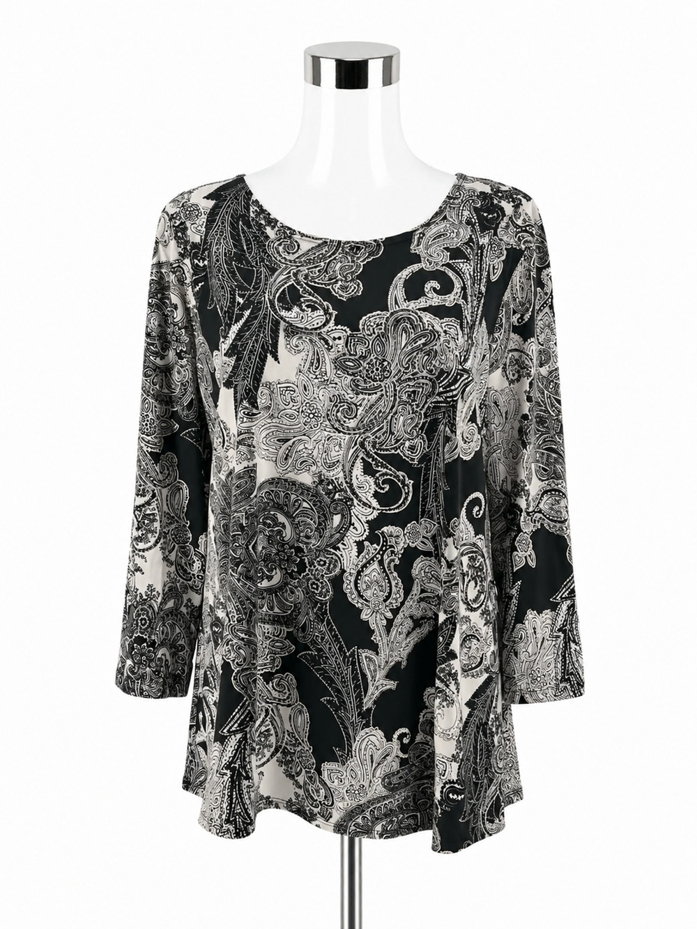 Travel Elements Paisley Print Tunic Top Black White Gold 3/4 Sleeve XL